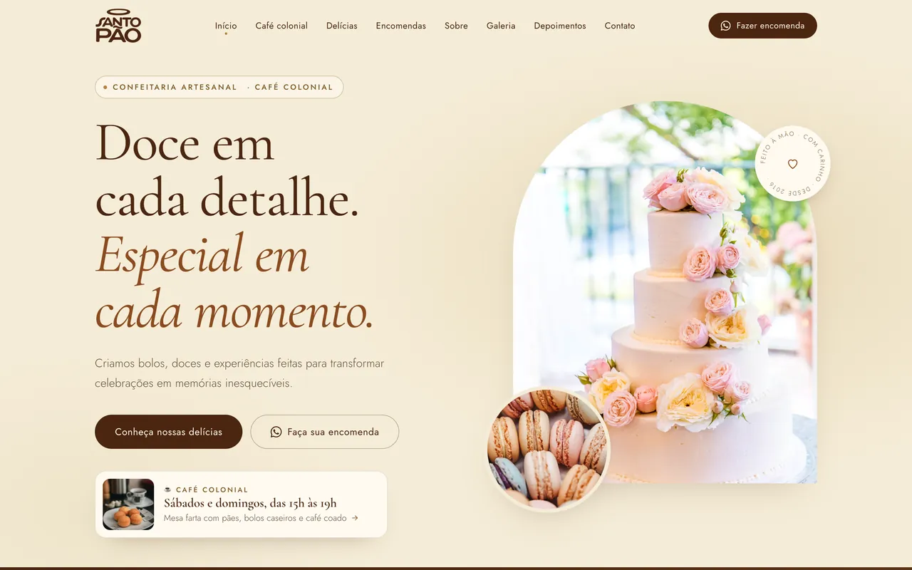 Tela do sistema: Site para confeitaria e café colonial (Santo Pão)